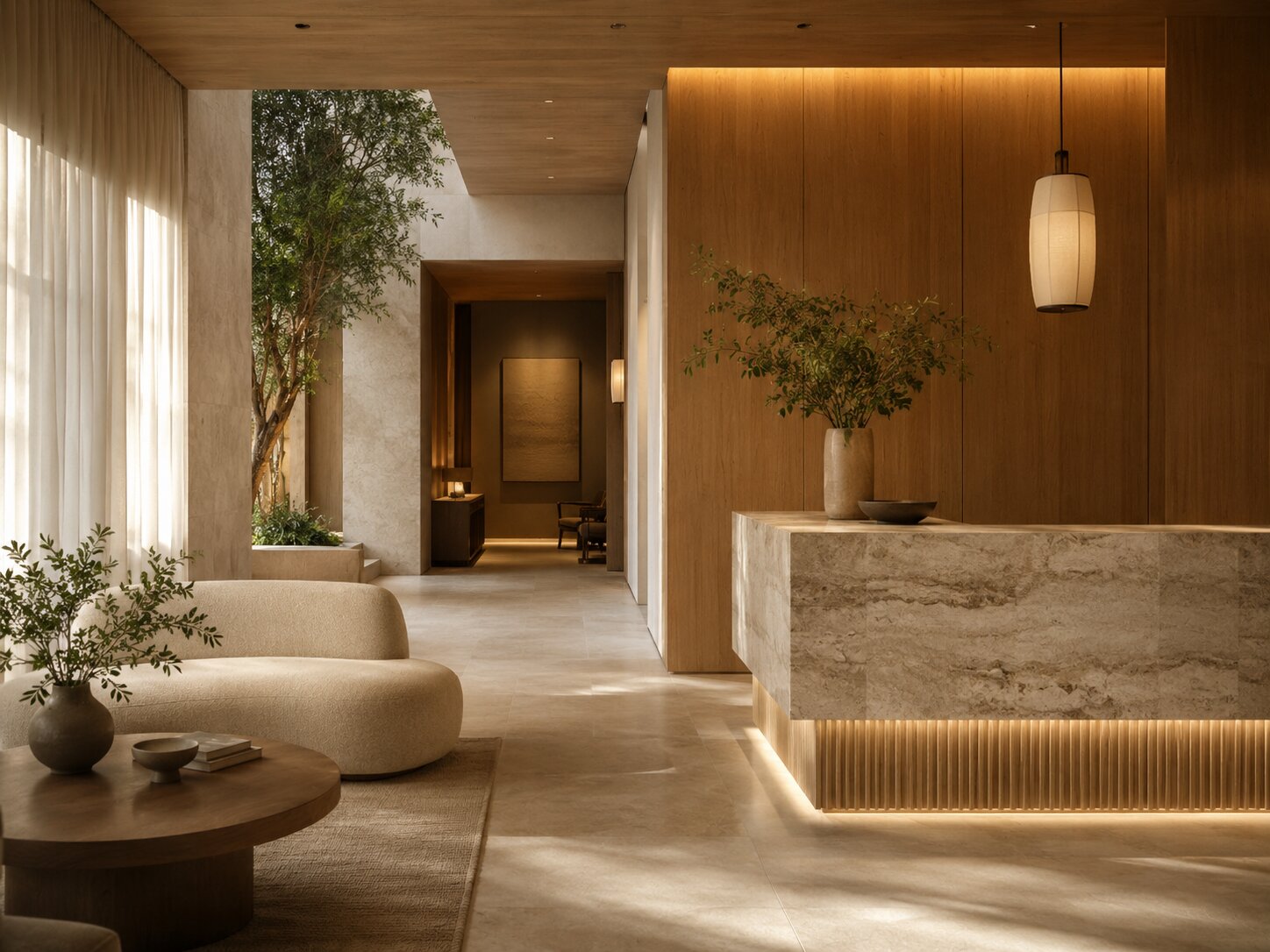 A sophisticated, understated commercial interior with warm wood and soft architectural lighting.