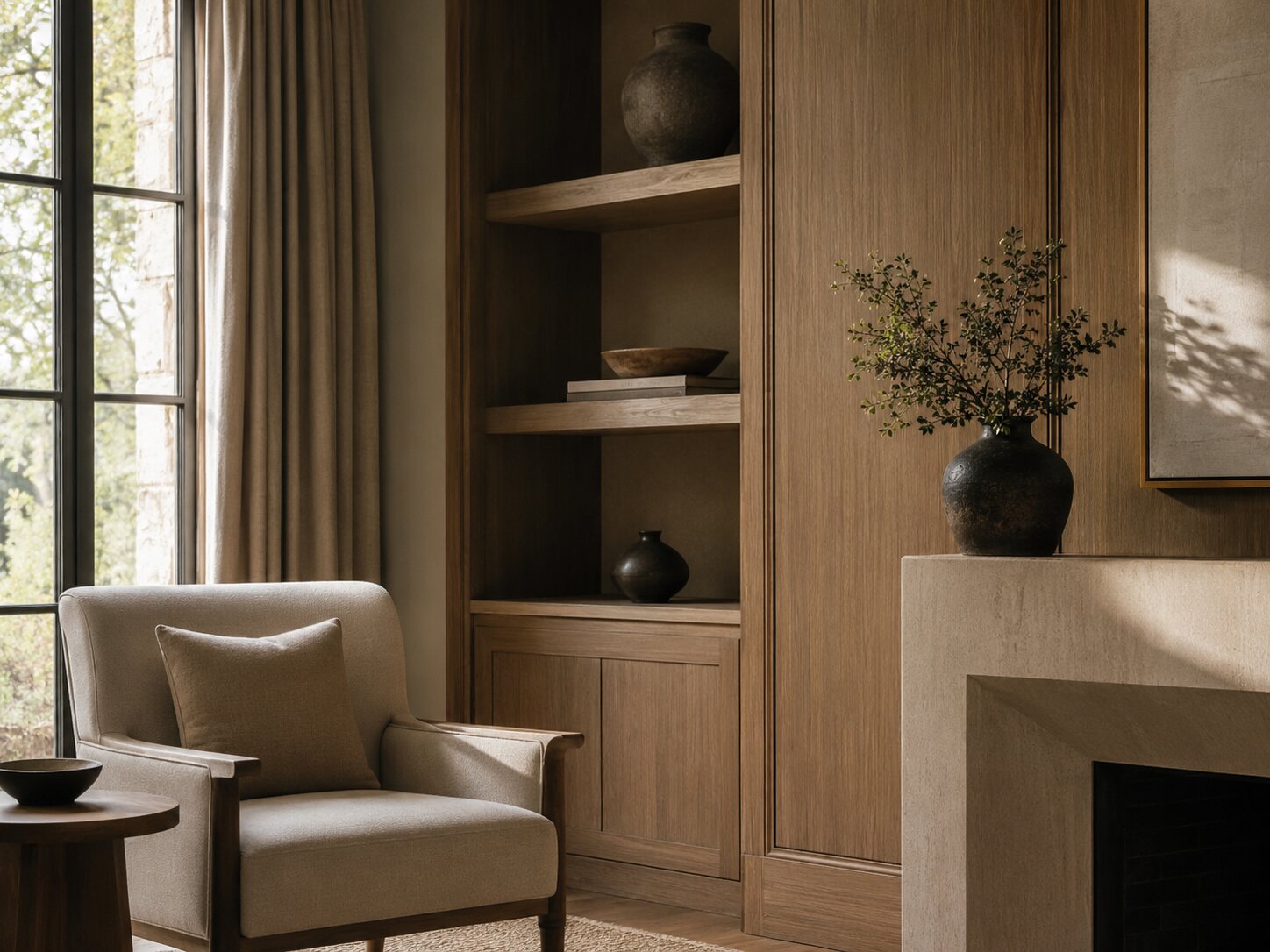 A warm, finished residential interior with natural materials and soft light.
