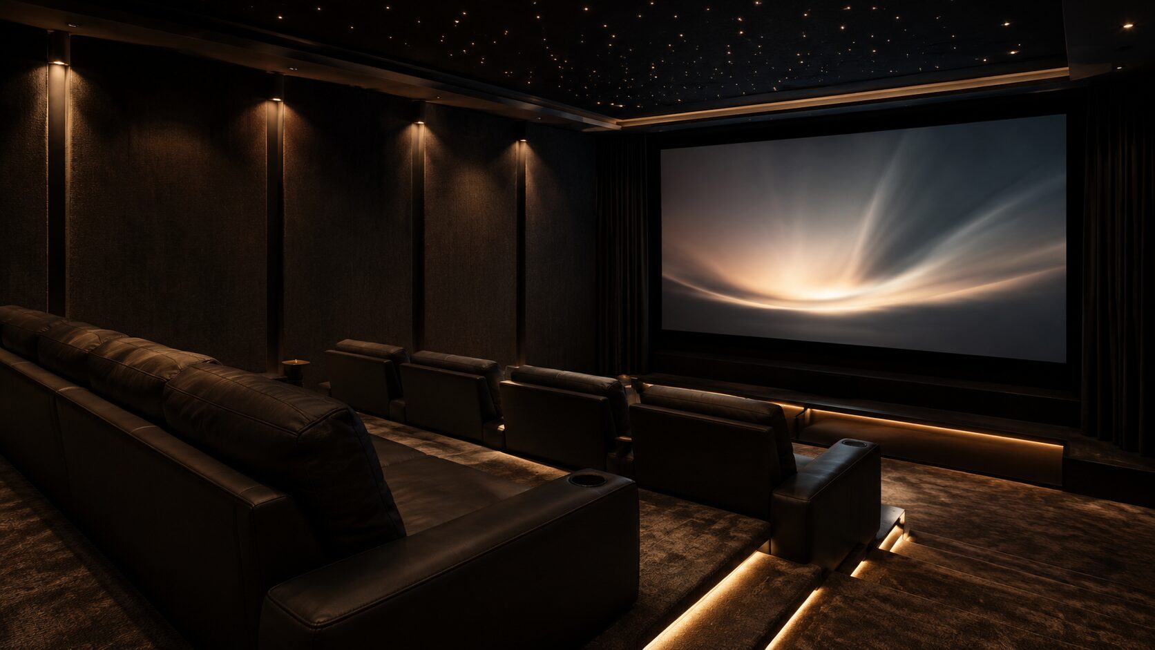 A dedicated luxury home cinema — a glowing screen, tiered leather seating, and warm step lighting.