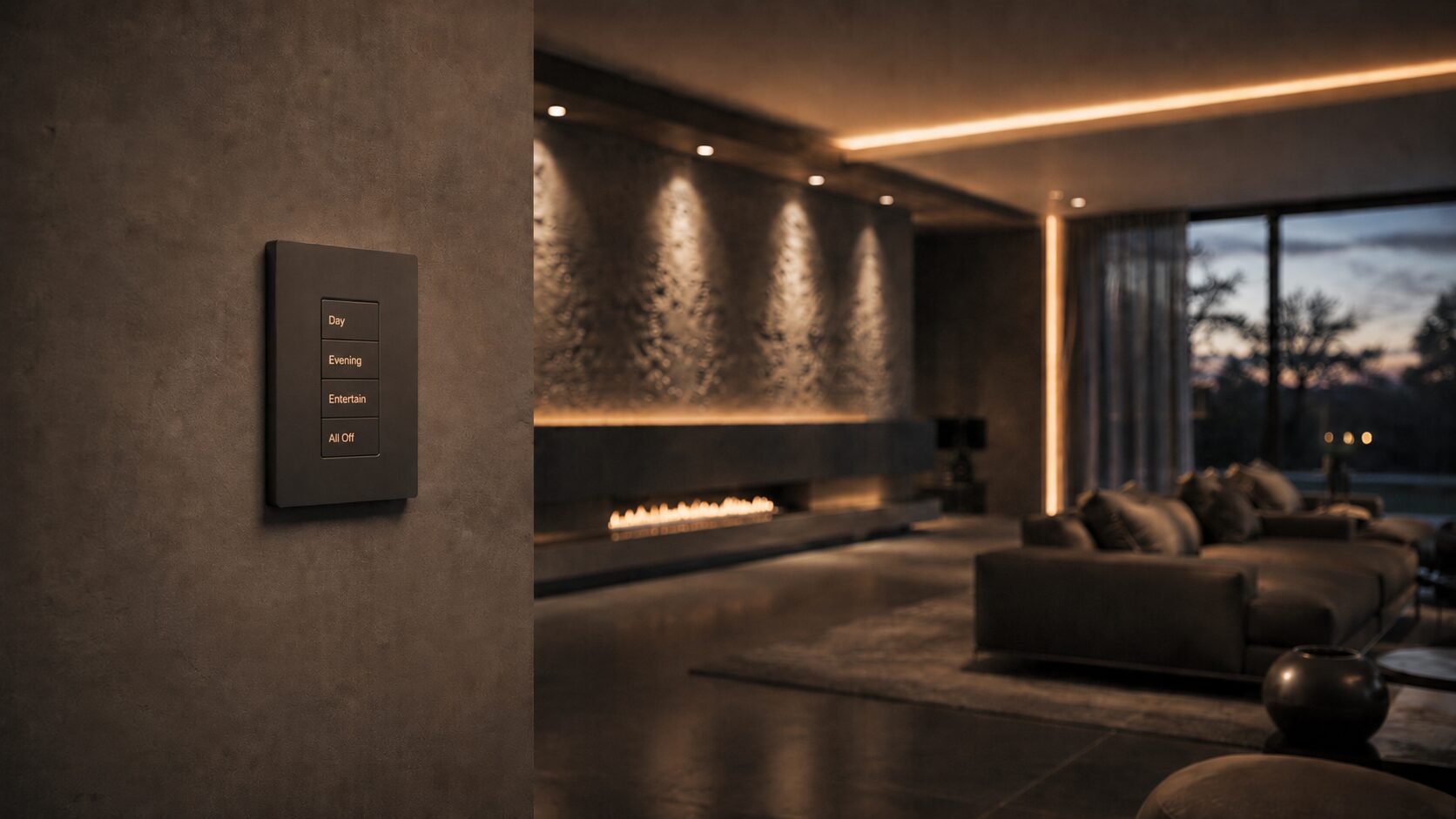 Layered architectural lighting at dusk with an elegant flush-mounted keypad set into a plaster wall.