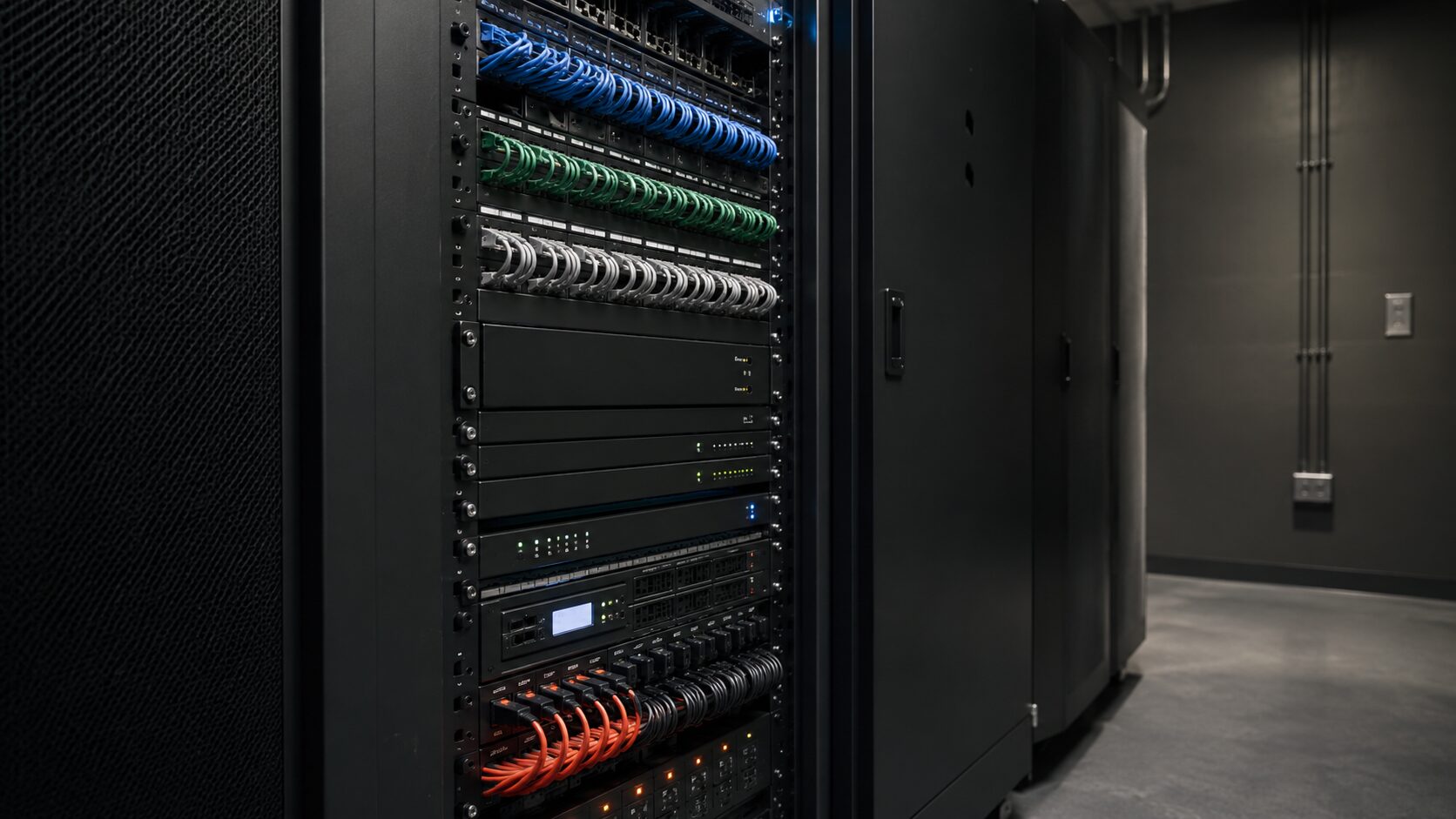 A flawlessly organized custom AV and network equipment rack with immaculate, labeled cable management.