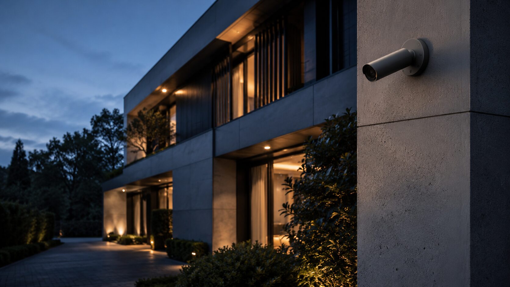 A sleek surveillance camera on a modern home's exterior at blue hour, the house glowing within.