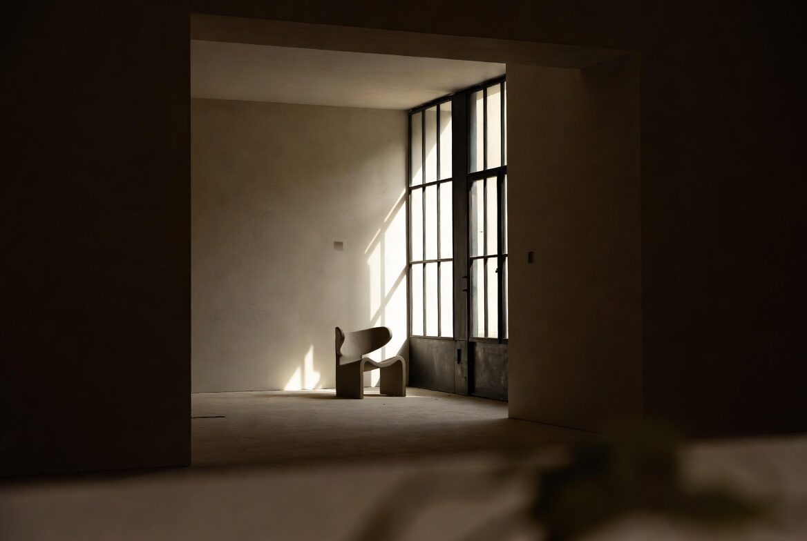 A light-filled modern interior with hand-troweled plaster walls, wide oak floors, and a soft shaft of afternoon sun.
