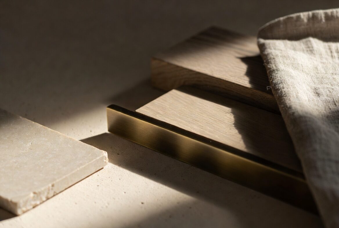 Interior materials in warm raking light — honed pale stone, white oak, brushed brass, and natural linen.